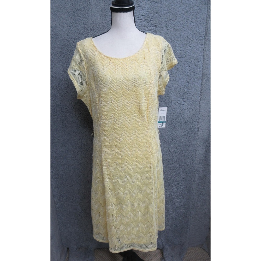 Sharagano Lace Dress Womens 16 Yellow Chevron Sequin Fit & Flare Knee Length